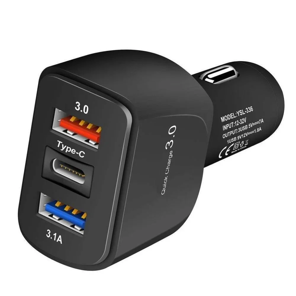 PD Type C Fast Car Charger 3 Ports QC 3.0 Quick Charge for iPhone, Samsung, LG